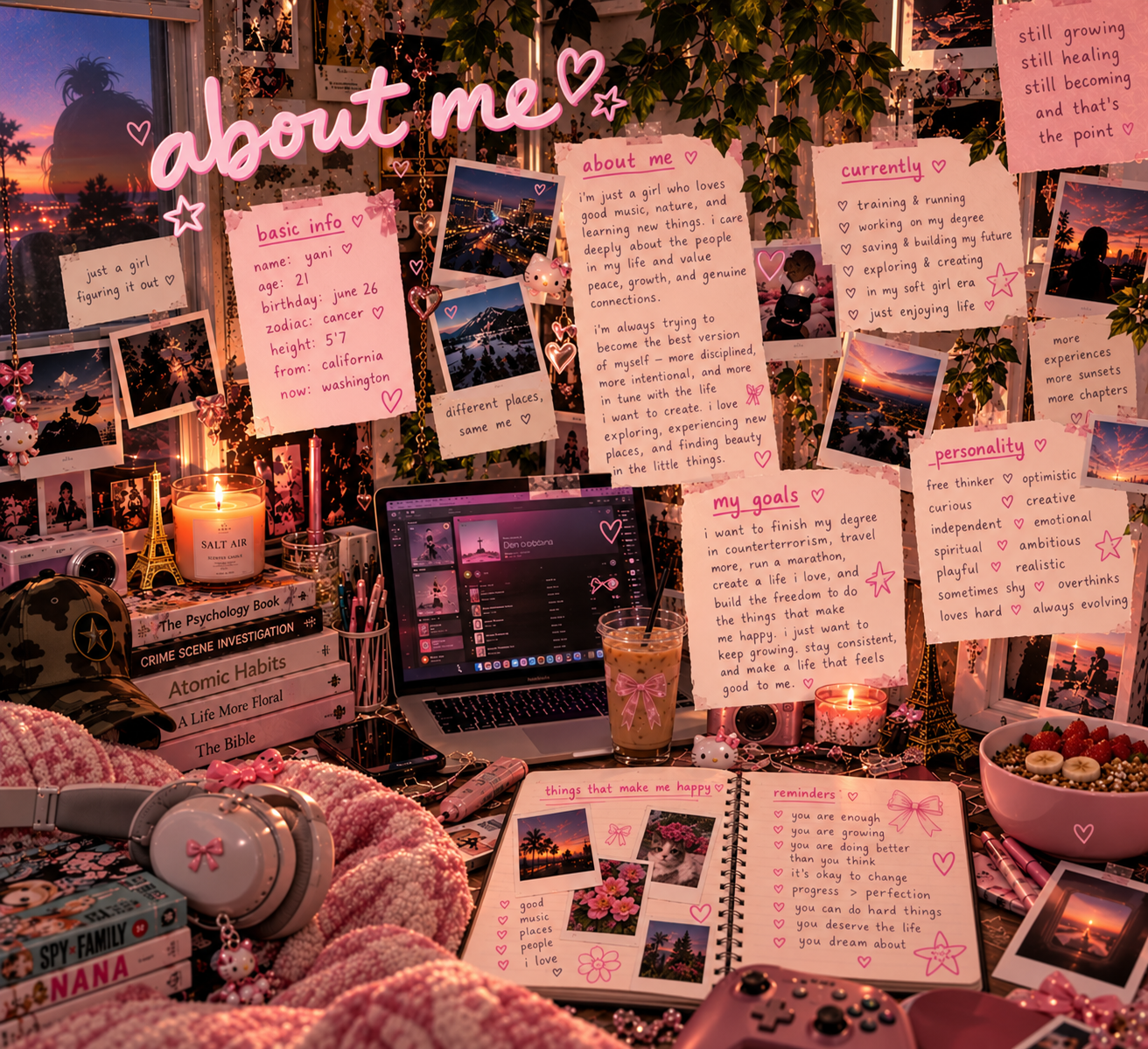 About Yani - a cozy pink scrapbook filled with personal facts, interests, goals, and memories