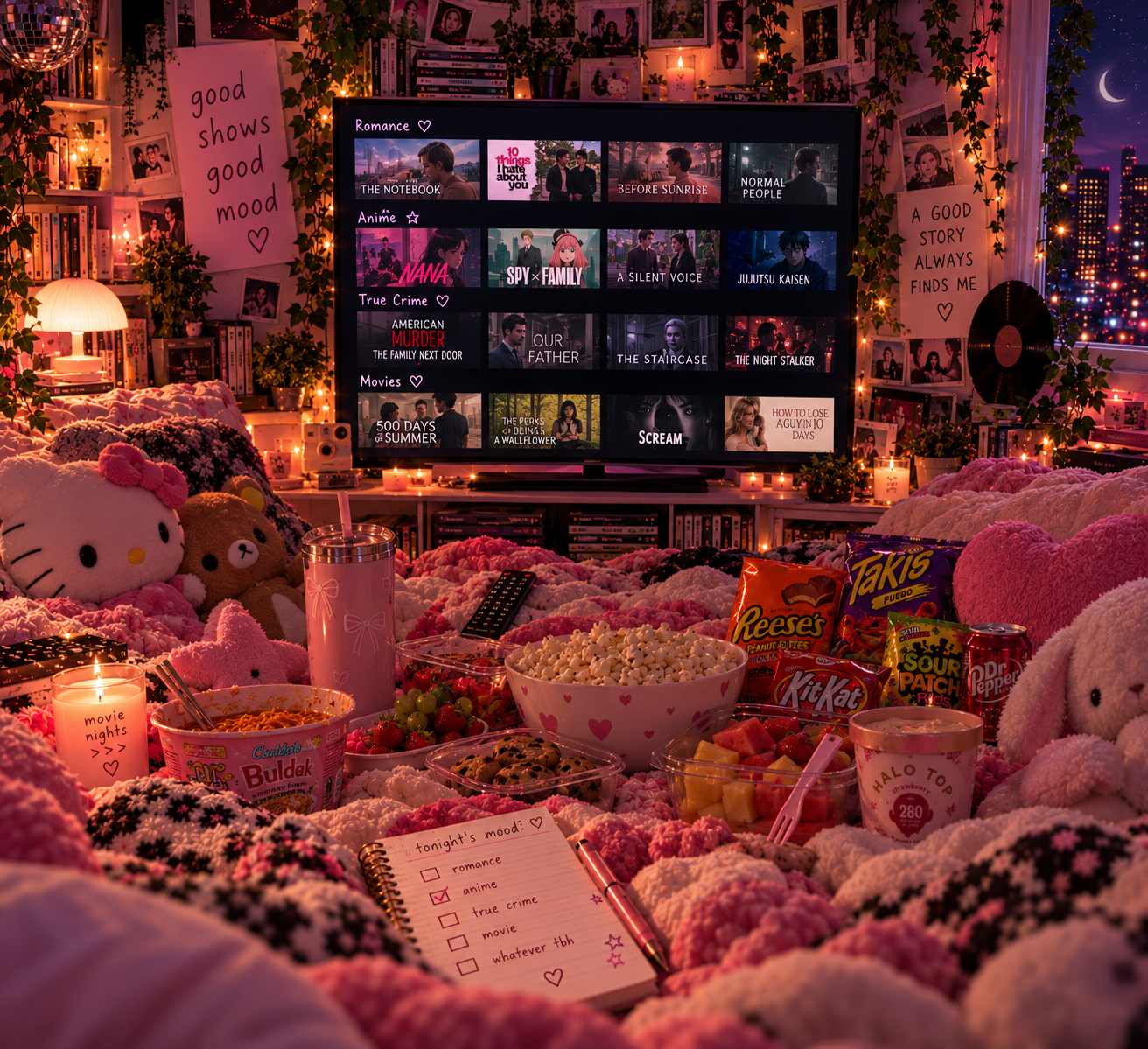 Cozy pink movie night with
           favorite shows, snacks,
           stuffed animals and blankets