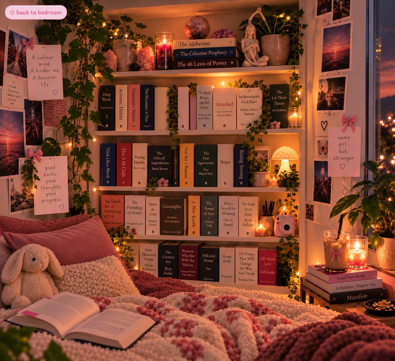 Cozy pink bookshelf and reading corner
           filled with books, plants, candles,
           fairy lights, and soft blankets