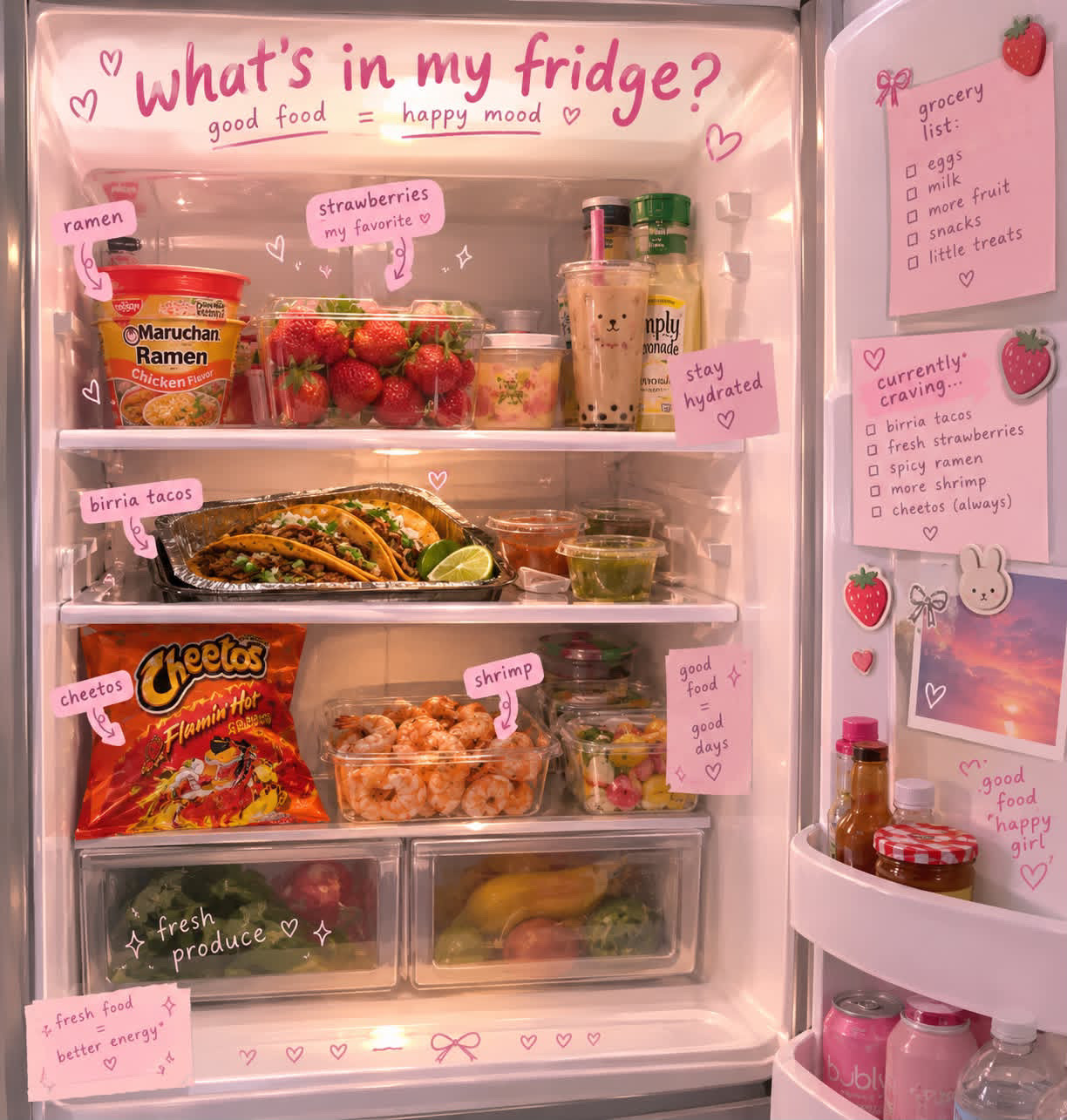 Pink fridge filled with strawberries,
           birria tacos, ramen, shrimp, snacks,
           drinks, and cute handwritten notes