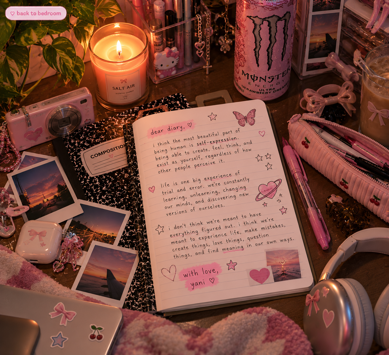 Yani's composition notebook filled with personal thoughts and cute decorations