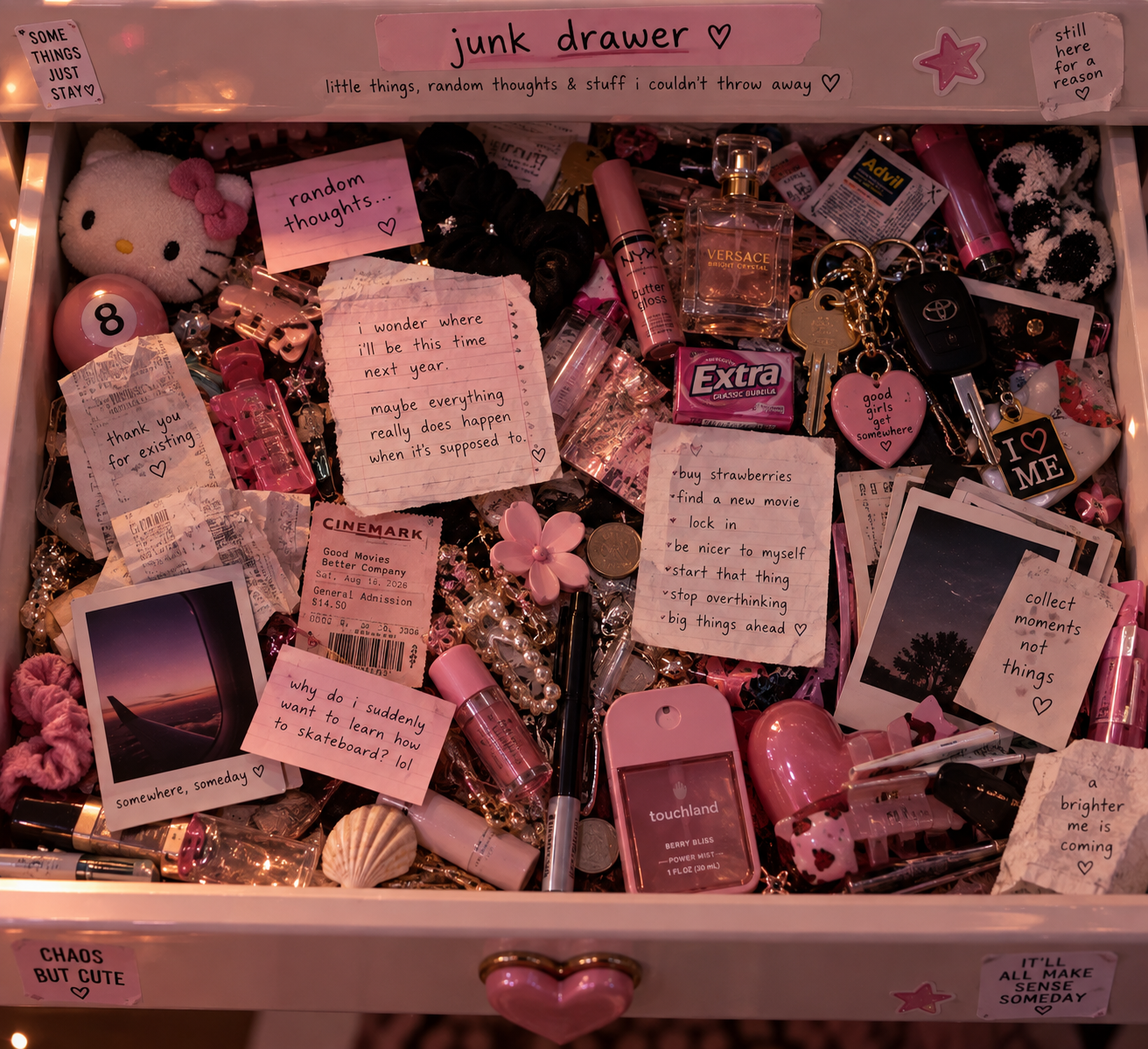 Cozy pink junk drawer filled with little memories,
           handwritten notes, photographs, makeup,
           trinkets, and keepsakes