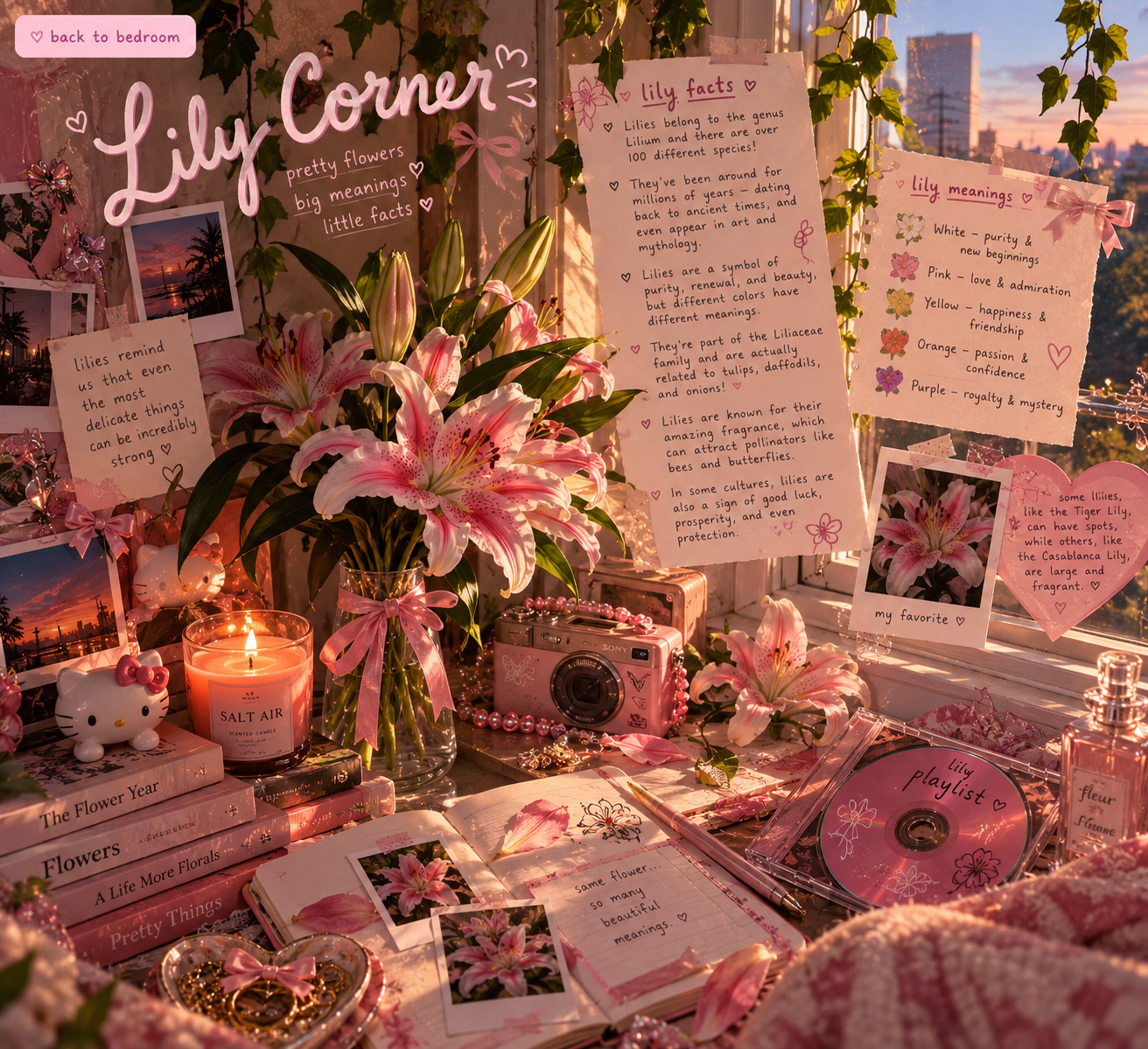 Lily Corner with pink lilies, flower facts, and cozy decorations