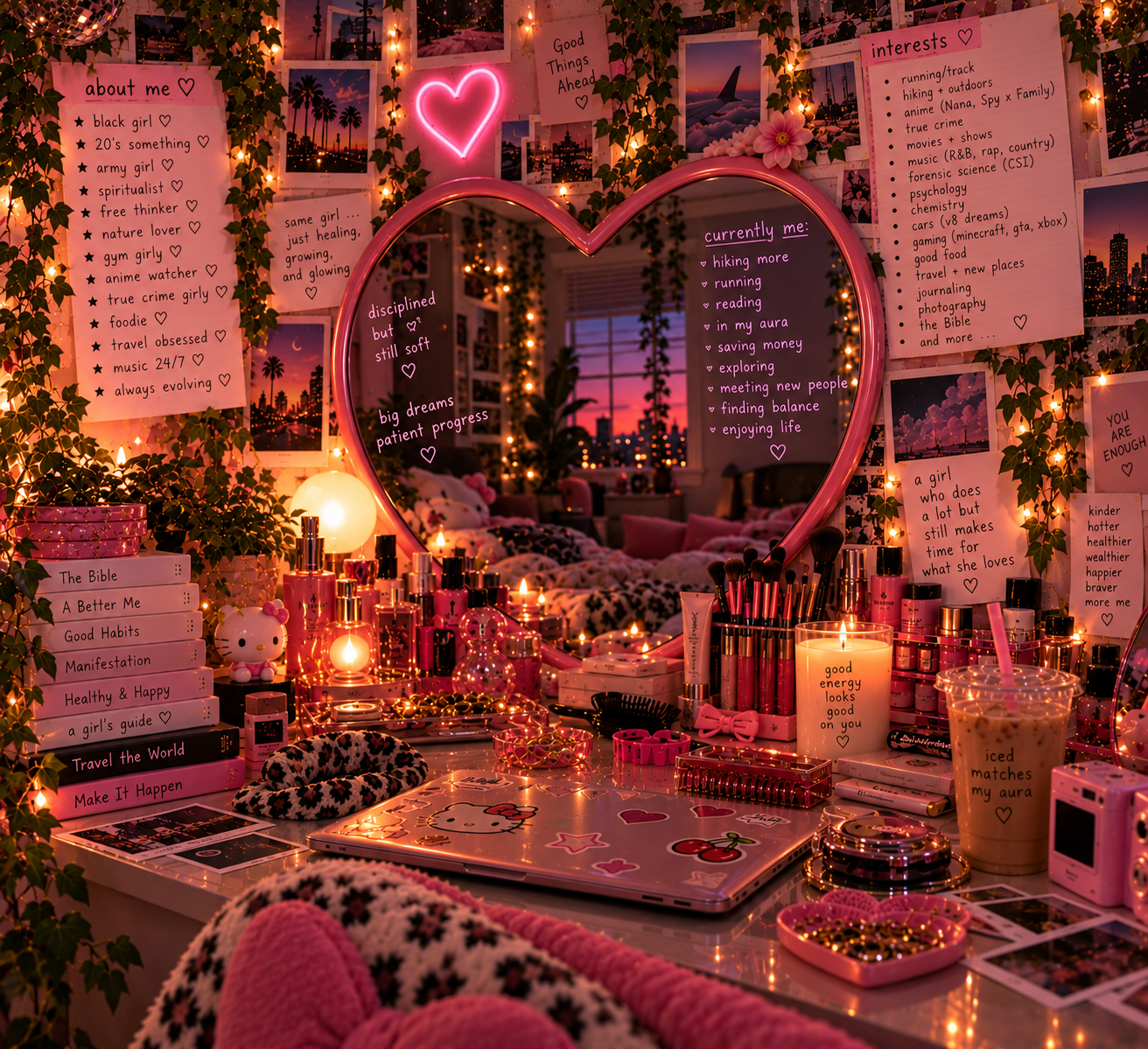Pink Y2K vanity with a heart-shaped mirror,
           personal interests, affirmations,
           and about me notes