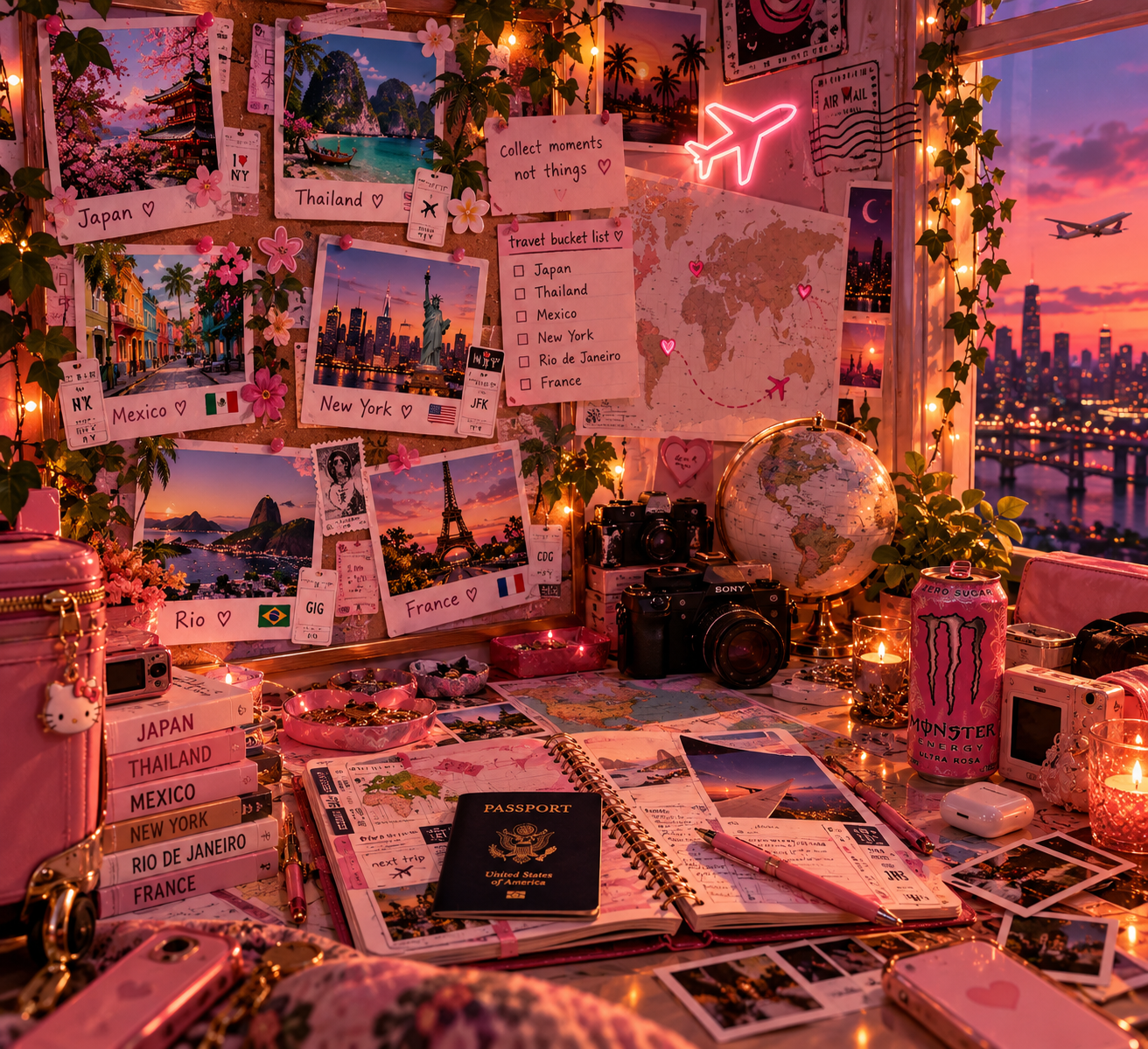 Cozy pink travel planning desk with a globe,
           passport, Monster Energy drink, and dream
           destination photographs
