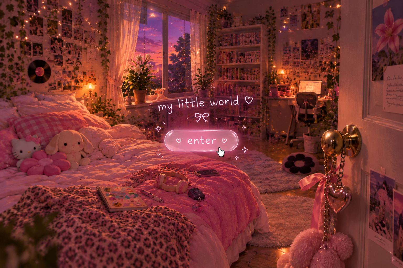 A cozy pink bedroom with a glowing enter button